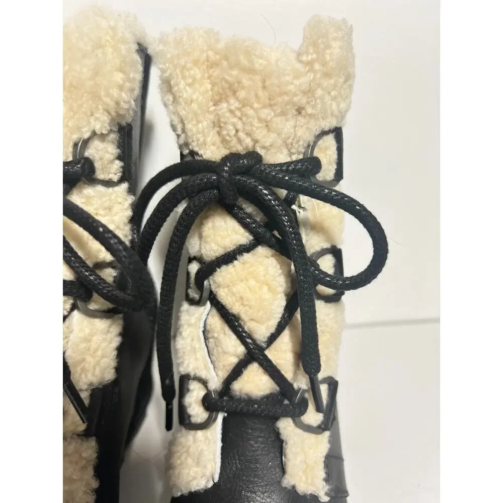 Sorel EUC Black Leather Joan of Arctic Wedge II Shearling Waterproof Boot Size 8